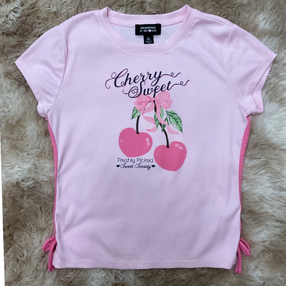 Beautees by Amy Byer Girls Pink Cherry Sweet Ribbed Cinch Side Tee XL 16